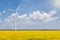 High turbogenerator on canola blossoming farmland, blue sky with clouds