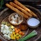 High view raw material of vegan curry dish with bread, homemade Vietnamese food