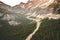 High viewpoint of the North Cascades Scenic Byway in Washington State on an overcast day. View of winding mountain road