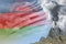 High volcano blast eruption at day time with white smoke on Malawi flag background, troubles because of natural disaster and