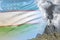 high volcano blast eruption at day time with white smoke on Uzbekistan flag background, problems of disaster and volcanic ash