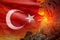 high volcano eruption at night with explosion on Turkey flag background, suffer from disaster and volcanic ash concept - 3D