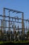 High voltage electrical pylons.  Electricity transformation and distribution center