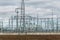 High-voltage electricity transmission pylon power lines and towers. Industrial electricity distribution