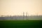 High voltage lines and power poles and green agricultural landscape during sunrise. Association of agriculture and industry in one