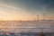 High voltage lines and pylons in a snowy stubble field