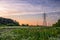 High voltage power line in flower meadow