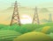 High voltage power line. Rural landscape. Energy supply. Metal frame poles support wires. Cartoon fun style. Flat design