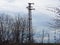 High voltage power lines against gloomy blue sky and leafless trees. Old system electric power grid view. Electric pillars poles.