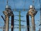 High voltage power substation at blue sky background