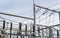 High voltage power transformer substation. Distribution electric substation with power lines