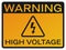 High Voltage sign. Yellow symbol with warning text. Danger pictogram with black border. Yellow triangle and black arrow