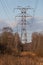 High-voltage transmission line in the spring forest at sunset against the background of the April blue sky with light clouds.