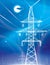 High voltage transmission systems. Electric pole. Neon glow. Power lines. A network of interconnected electrical. White otlines on