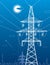 High voltage transmission systems. Electric pole. Power lines. A network of interconnected electrical. White otlines on blue backg