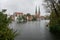 High water flooding in the old town of Lubeck, the river Trave overflows its banks, the historic houses standing in the water,