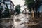 high water level on a city street from a flood, after a downpour or an avalanche