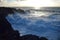 High waves at Los Hervideros in the evening sun. West coast of Lanzarote  Spain