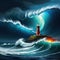 and high waves surround a lighthouse in this stormy Oceanic digital painting and panorama of epic