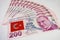 The highest money denominations of the republic of turkey. two hundred turkish lira banknotes.