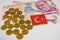 The highest money denominations of the republic of turkey. two hundred turkish lira banknotes.