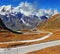 The highest mountain tops are covered with fresh snow