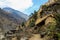 The highest pedestrian pass in the world of Thorong La. The highest mountains in the world. Mountain village among the rocks