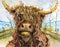 Highland cow with curly hair art