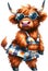 highland cow, illustration of an adorable Highland cow donning heart-shaped sunglasses and a patterned dress, exuding charm.