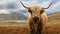 Highland Cow on Islay. Frontal view of Highland cow. AI Generative