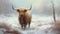 Highland cow on a pasture, snowy winter landscape