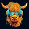 Highland cow or yak wearing blue headphones and sunglasses, listening music isolated on black background. Vibrant pop art retro