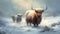 Highland cows on a pasture, snowy winter landscape. Digital painting