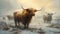 Highland cows on a pasture, snowy winter landscape. Digital painting