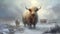 Highland cows on a pasture, snowy winter landscape. Digital painting