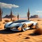 highlight the aerodynamic design of a sports car against the desert horizon trending on art station