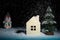 Highlighted scene of house and christmas tree and snowman with snow