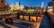 The Highline and 10th Avenue at twilight with city lights in Chelsea, Manhattan, New York City