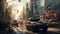 A highly detailed digital depiction of a fleet of military vehicles parading through the city,