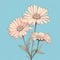Highly Detailed Editorial Illustration Of Three Pink Daisies In A Vase On A Blue Background