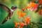 A highly detailed image of a hummingbird feeding from the nectar of a trumpet vine blossom