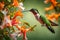 A highly detailed image of a hummingbird feeding from the nectar of a trumpet vine blossom