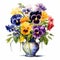 Highly Detailed Purple Pansies In Vase Watercolor Clipart