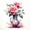Highly Detailed Watercolor Painting Of Pink Roses In A Vase