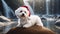 highly intricately detailed photograph of Cute sitting Bichon Havanese puppy dog in Christmas santa hat in front of a waterfall
