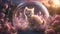 highly intricately detailed photograph of Kitten and soft muted garden flowers inside a glass orb