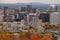 Highrise modern buildings downtown in Montreal, Quebec, Canada during fall with yellow autumn leaves leaf & Saint Lawrence River