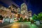 Highrises and the Federal Reserve Plaza Park at night, in the Financial District, Boston, Massachusetts.