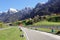 Highway along the river Reuss near the town of Silenen. View of the Alps. Canton of Uri, Switzerland