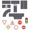 Highway asphalt path traffic streets. Street and road with footpaths. Set of road signs.